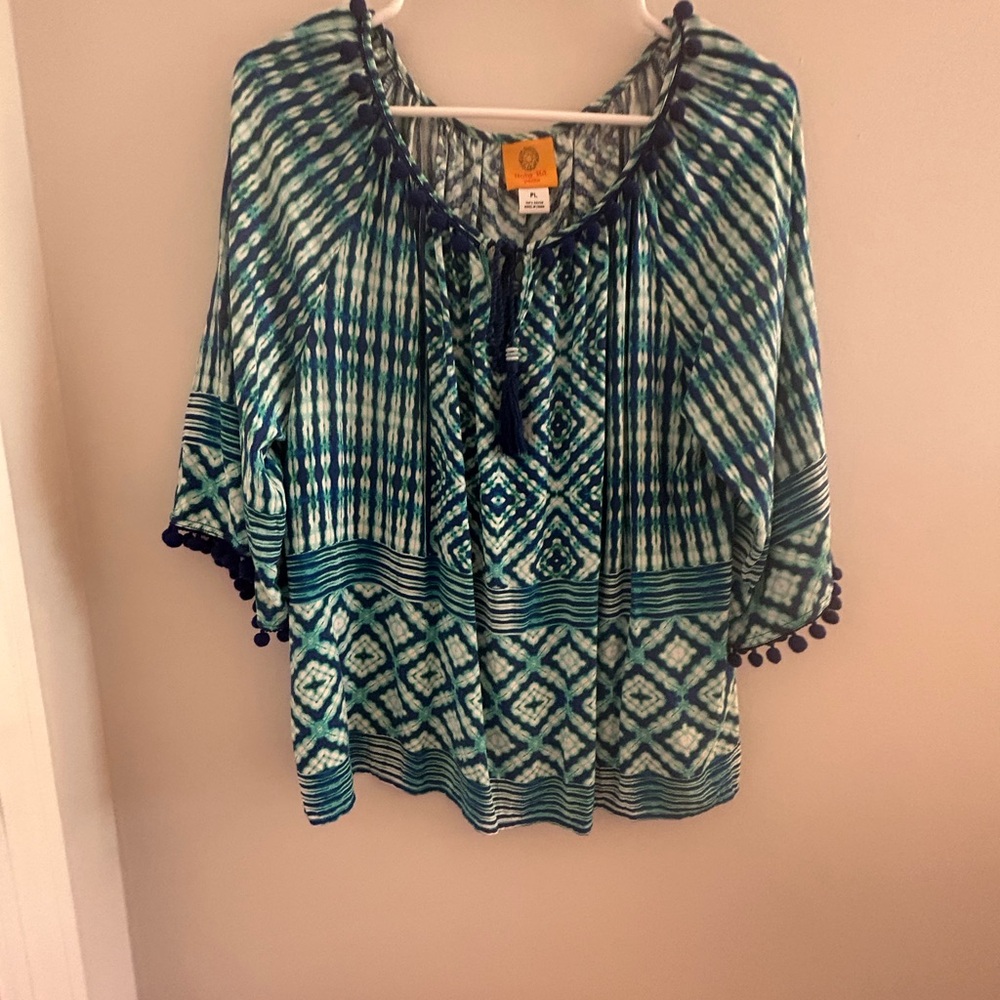 Ruby Rd. Teal and Navy Geometric Blouse